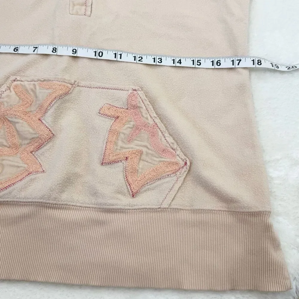 Free People Peach Floral Embroidered Pull-Over Hoodie Velvet Accents Medium Weig